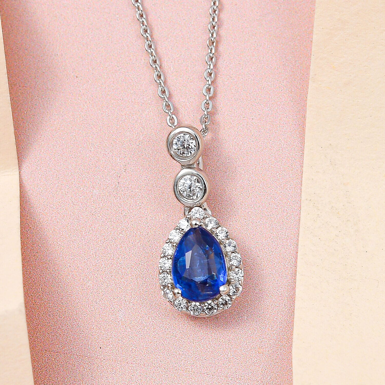 Natural Kashmir Blue Kyanite and Natural Zircon Drop Pendant with Chain (Size - 20) in Platinum Overlay Sterling Silver 1.15 Ct.