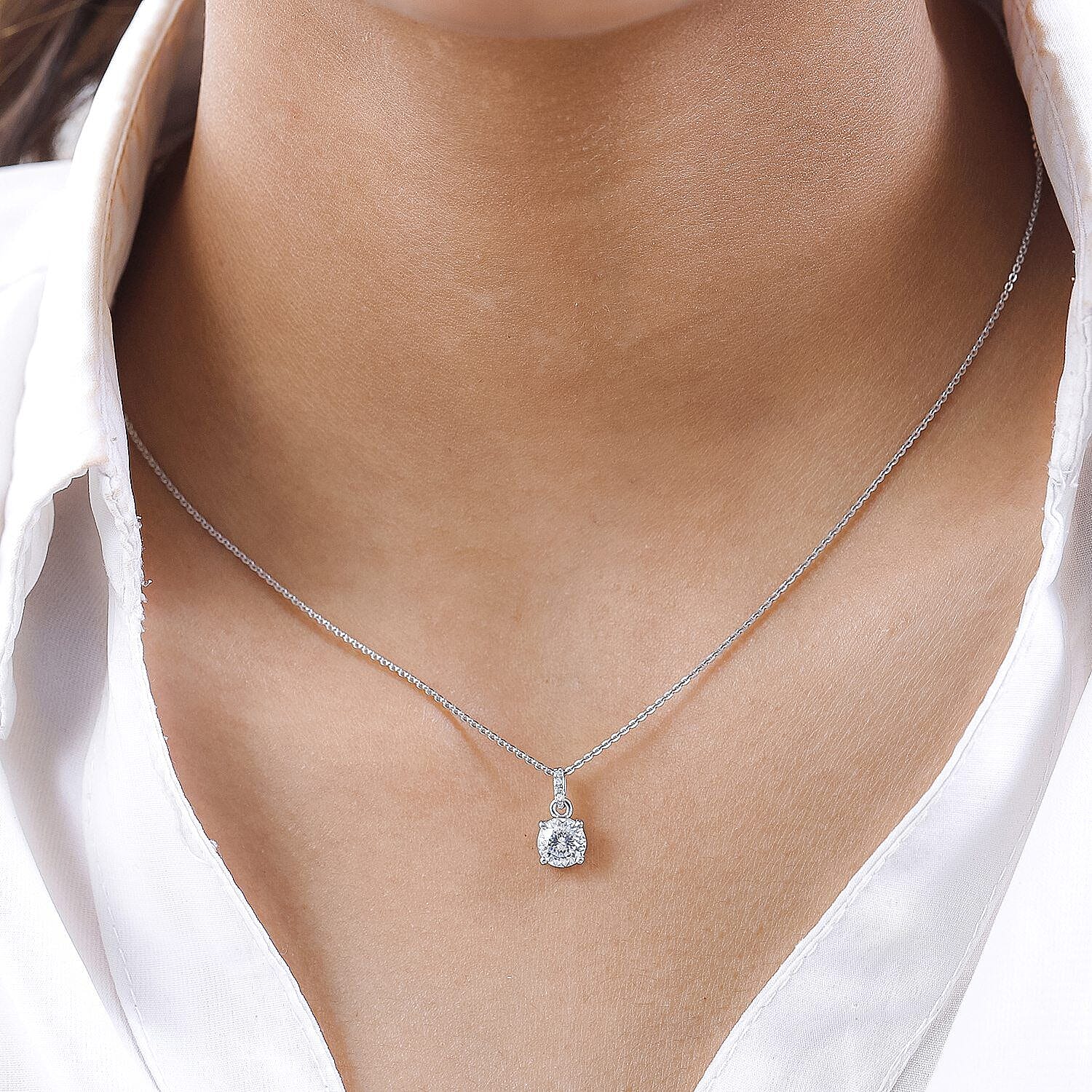 Moissanite Pendant with Chain (Size 20) in Platinum Overlay Sterling Silver 1.020 Ct