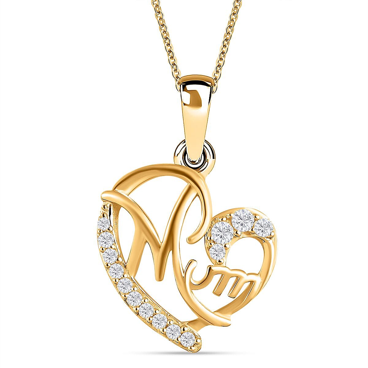 Moissanite Mom Heart Pendant with Chain (Size - 20) in 18K Yellow Gold Vermeil Plated Sterling Silver