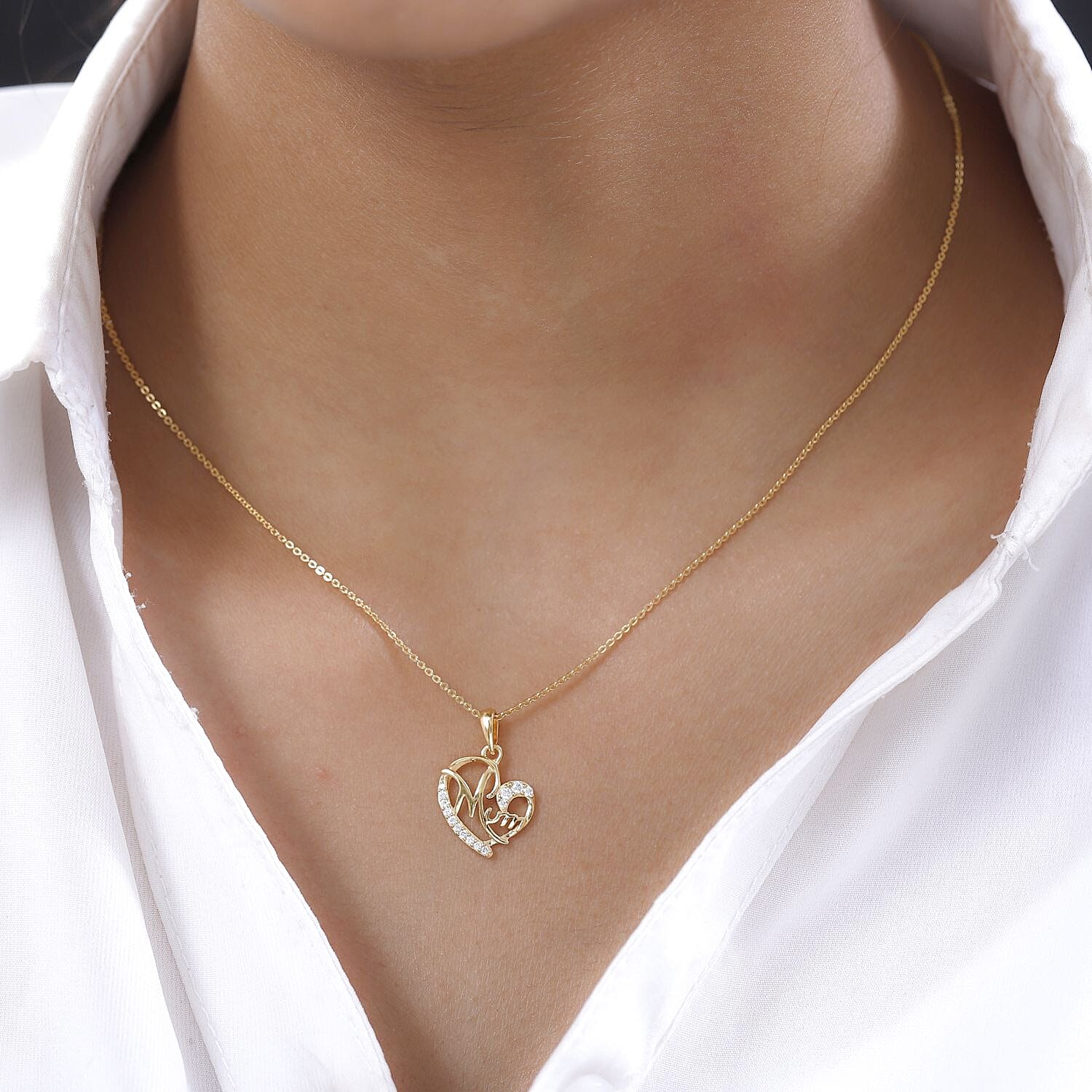 Moissanite Mom Heart Pendant with Chain (Size - 20) in 18K Yellow Gold Vermeil Plated Sterling Silver