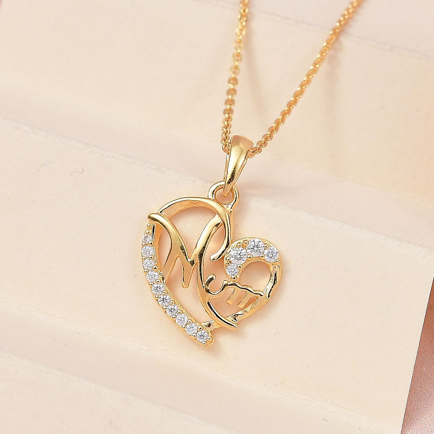 Moissanite Mom Heart Pendant with Chain (Size - 20) in 18K Yellow Gold Vermeil Plated Sterling Silver