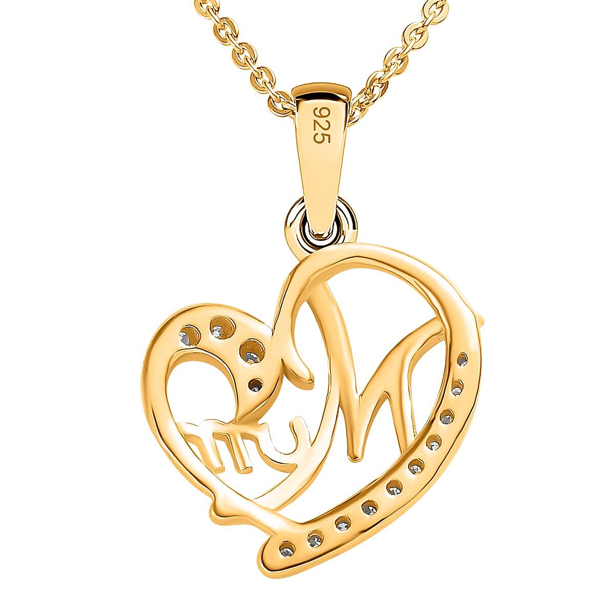 Moissanite Mom Heart Pendant with Chain (Size - 20) in 18K Yellow Gold Vermeil Plated Sterling Silver