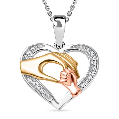 Moissanite Hand-in-Hand Heart-Shaped Heart Pendant with Chain (Size - 20) Pendant in Platinum, Vermeil Yellow and Rose Gold Plated Sterling Silver