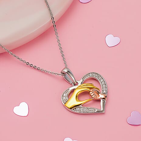 Moissanite Hand-in-Hand Heart-Shaped Heart Pendant with Chain (Size - 20) Pendant in Platinum, Vermeil Yellow and Rose Gold Plated Sterling Silver