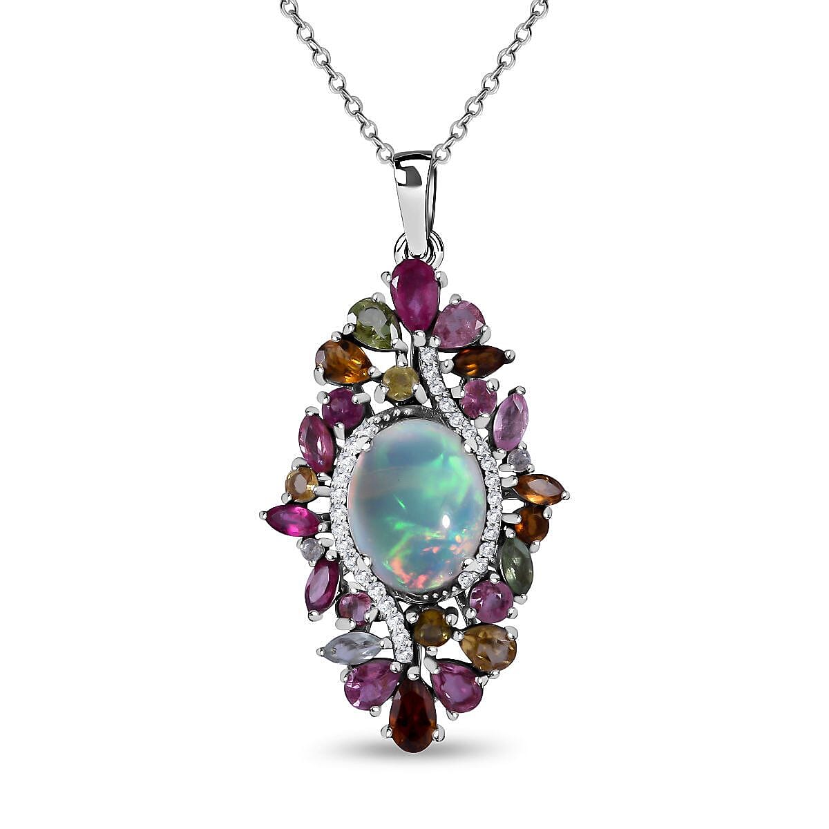 Ethiopian Welo Opal, Multi-Tourmaline and Natural Zircon Pendant with Chain (Size 20) in Rhodium Overlay Sterling Silver 5.16 Ct, Silver Wt. 5.00 Gms