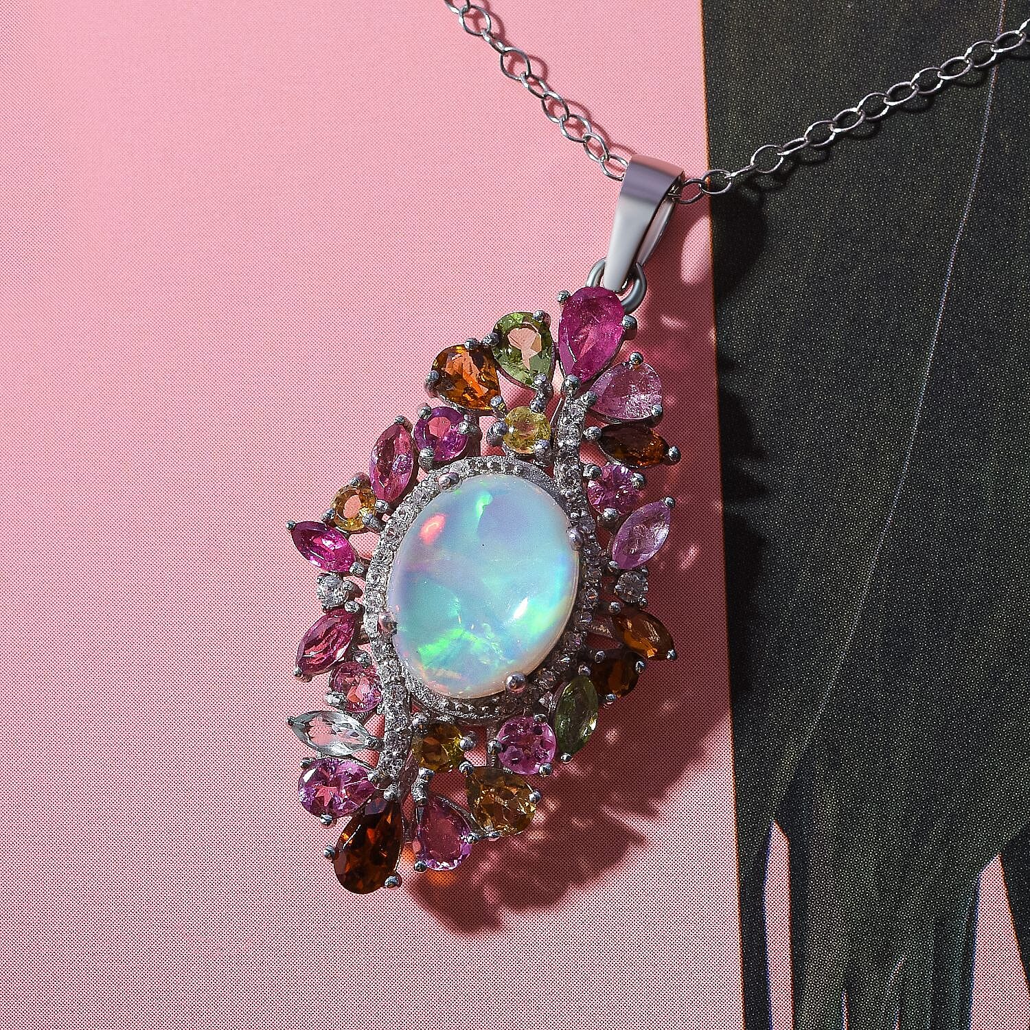Ethiopian Welo Opal, Multi-Tourmaline and Natural Zircon Pendant with Chain (Size 20) in Rhodium Overlay Sterling Silver 5.16 Ct, Silver Wt. 5.00 Gms