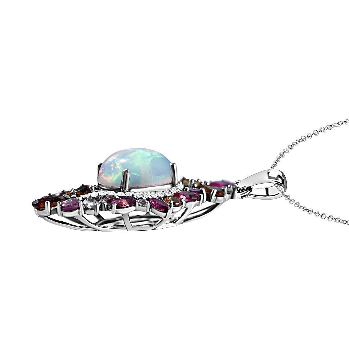 Ethiopian Welo Opal, Multi-Tourmaline and Natural Zircon Pendant with Chain (Size 20) in Rhodium Overlay Sterling Silver 5.16 Ct, Silver Wt. 5.00 Gms