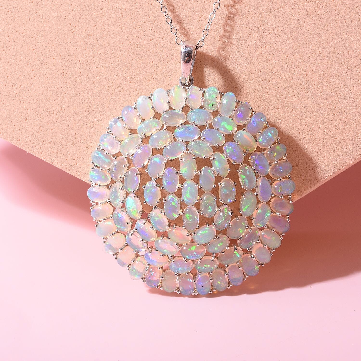 Ethiopian Welo Opal Pendant with Chain (Size 20) in Rhodium Overlay Sterling Silver 12.90 Ct, Silver Wt. 6.50 Gms