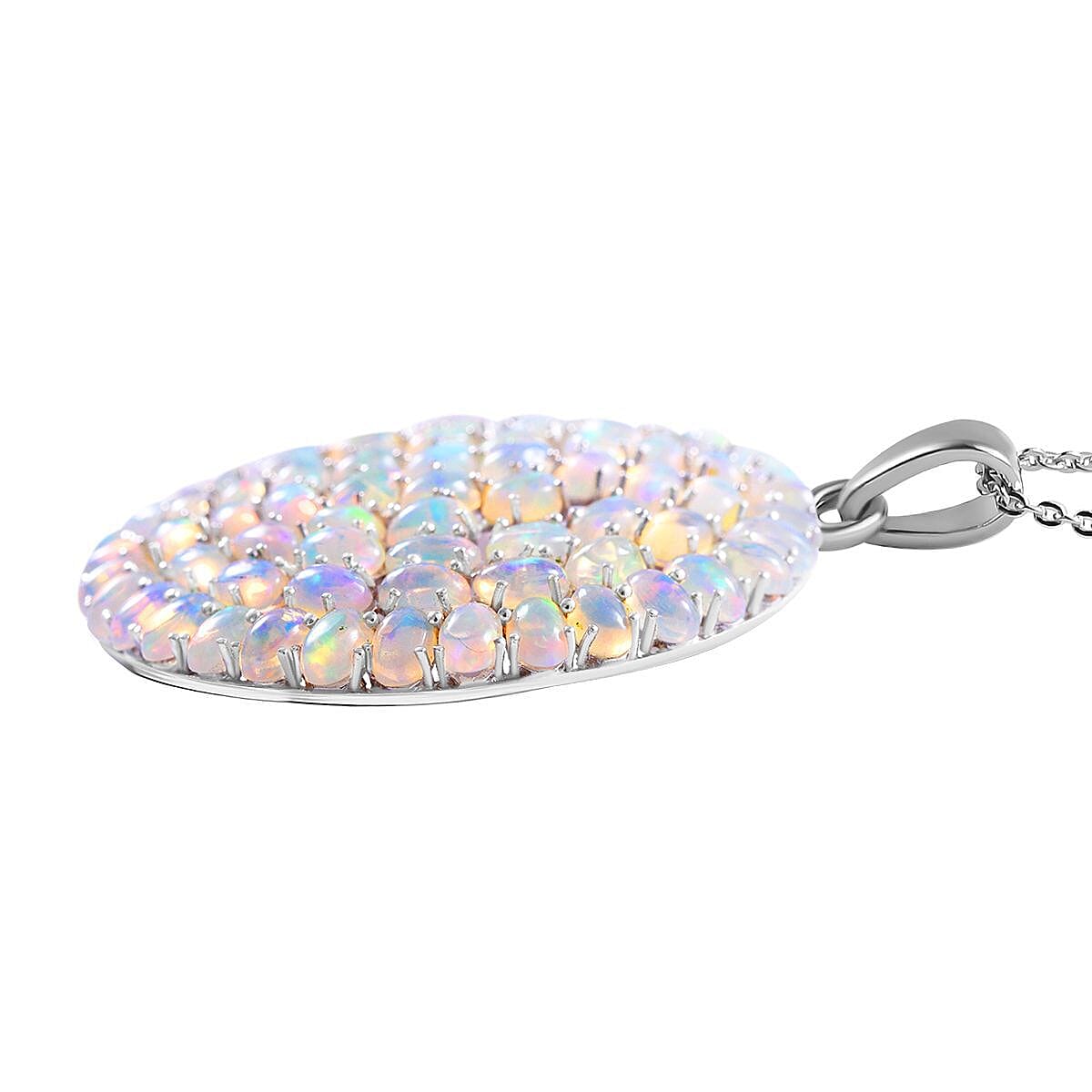 Ethiopian Welo Opal Pendant with Chain (Size 20) in Rhodium Overlay Sterling Silver 12.90 Ct, Silver Wt. 6.50 Gms