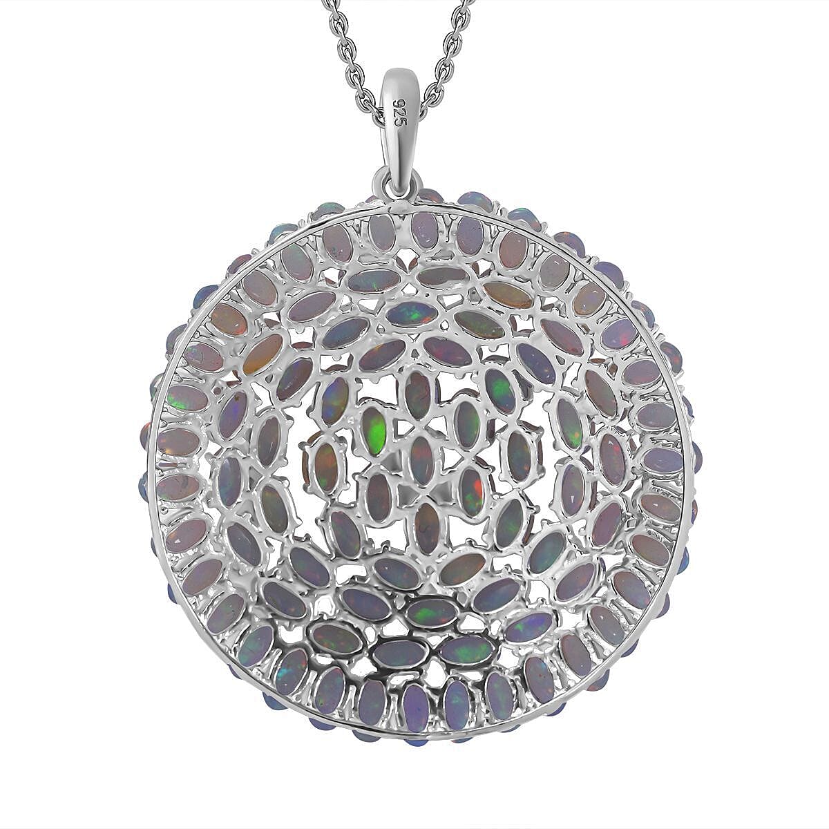 Ethiopian Welo Opal Pendant with Chain (Size 20) in Rhodium Overlay Sterling Silver 12.90 Ct, Silver Wt. 6.50 Gms