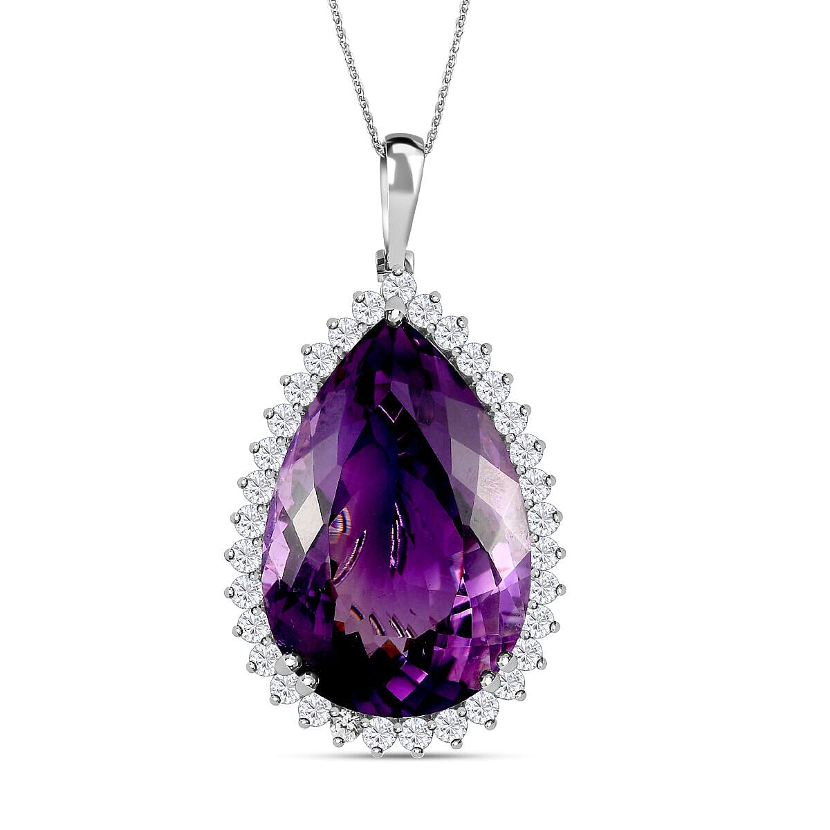 Amethyst and Natural Zircon Pendant with Chain (Size - 20) in Platinum Overlay Sterling Silver 80.10 Ct, Silver Wt. 9.00 Gms