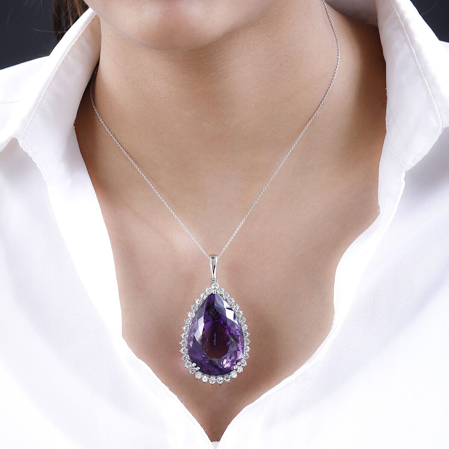 Amethyst and Natural Zircon Pendant with Chain (Size - 20) in Platinum Overlay Sterling Silver 80.10 Ct, Silver Wt. 9.00 Gms