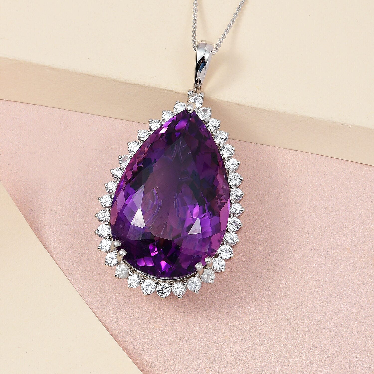 Amethyst and Natural Zircon Pendant with Chain (Size - 20) in Platinum Overlay Sterling Silver 80.10 Ct, Silver Wt. 9.00 Gms
