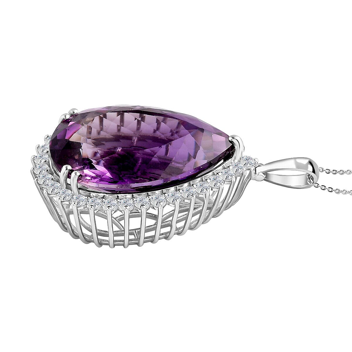 Amethyst and Natural Zircon Pendant with Chain (Size - 20) in Platinum Overlay Sterling Silver 80.10 Ct, Silver Wt. 9.00 Gms