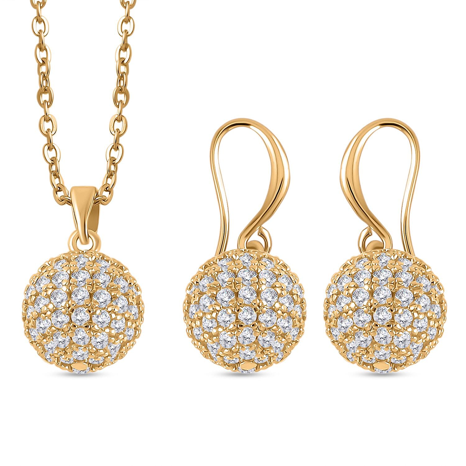 2 Piece Set - Simulated Diamond Cluster Pendant with Chain (Size 20 - 2) and Drop Earrings in Yellow Gold Tone