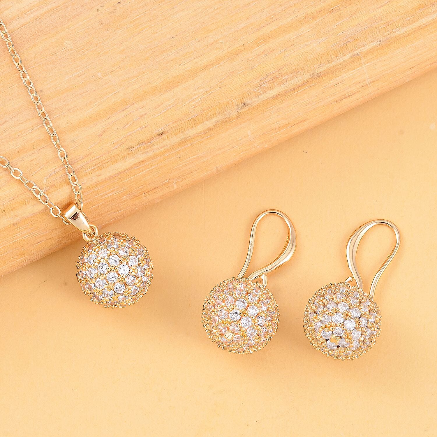 2 Piece Set - Simulated Diamond Cluster Pendant with Chain (Size 20 - 2) and Drop Earrings in Yellow Gold Tone