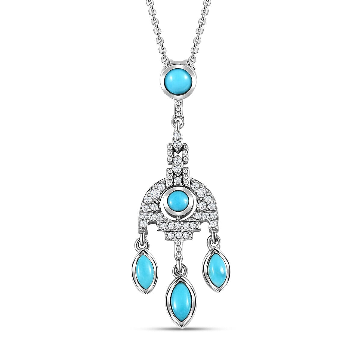 Arizona Sleeping Beauty Turquoise and Natural Zircon Dream Catcher Pendant with Chain (Size 20) in Platinum Overlay Sterling Silver 1.60 Ct, Silver Wt. 5.83 Gms