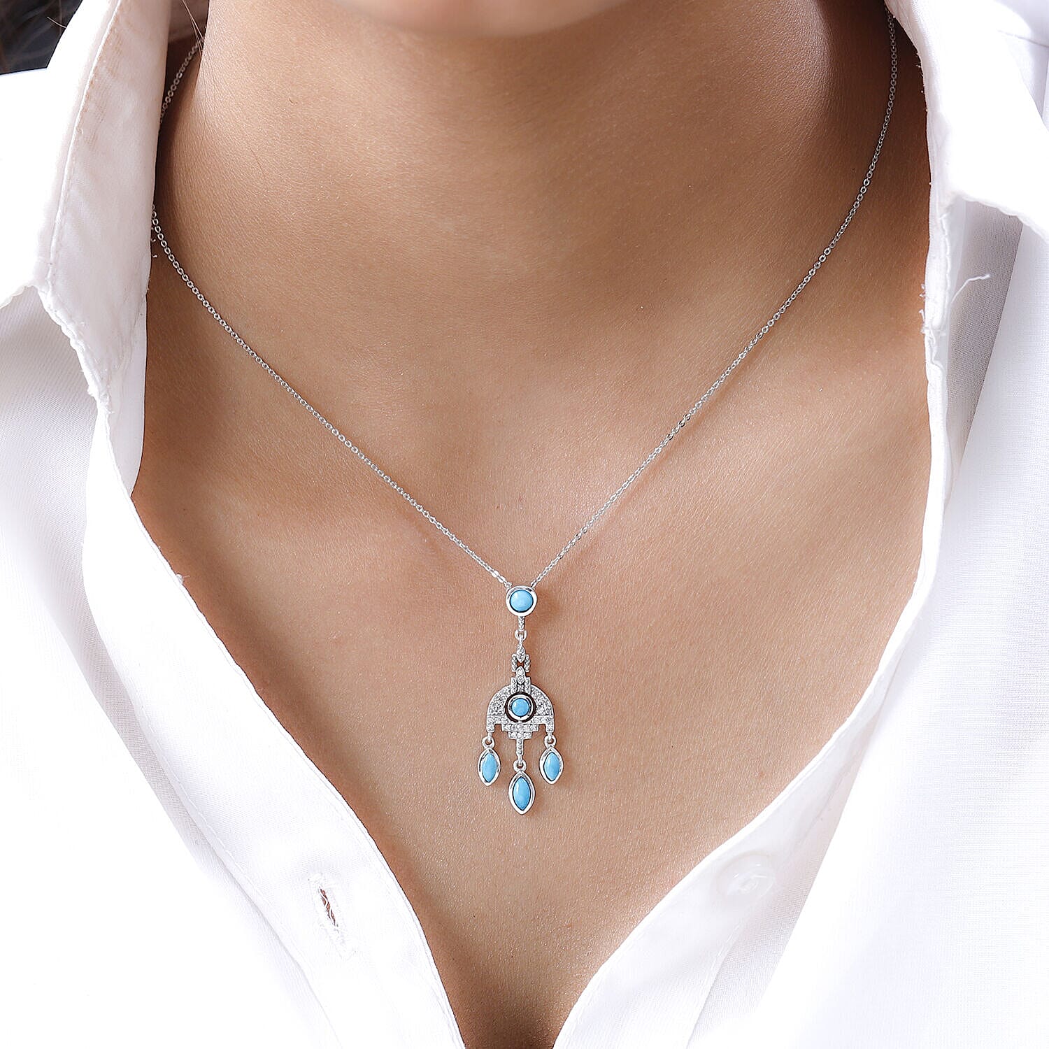 Arizona Sleeping Beauty Turquoise and Natural Zircon Dream Catcher Pendant with Chain (Size 20) in Platinum Overlay Sterling Silver 1.60 Ct, Silver Wt. 5.83 Gms