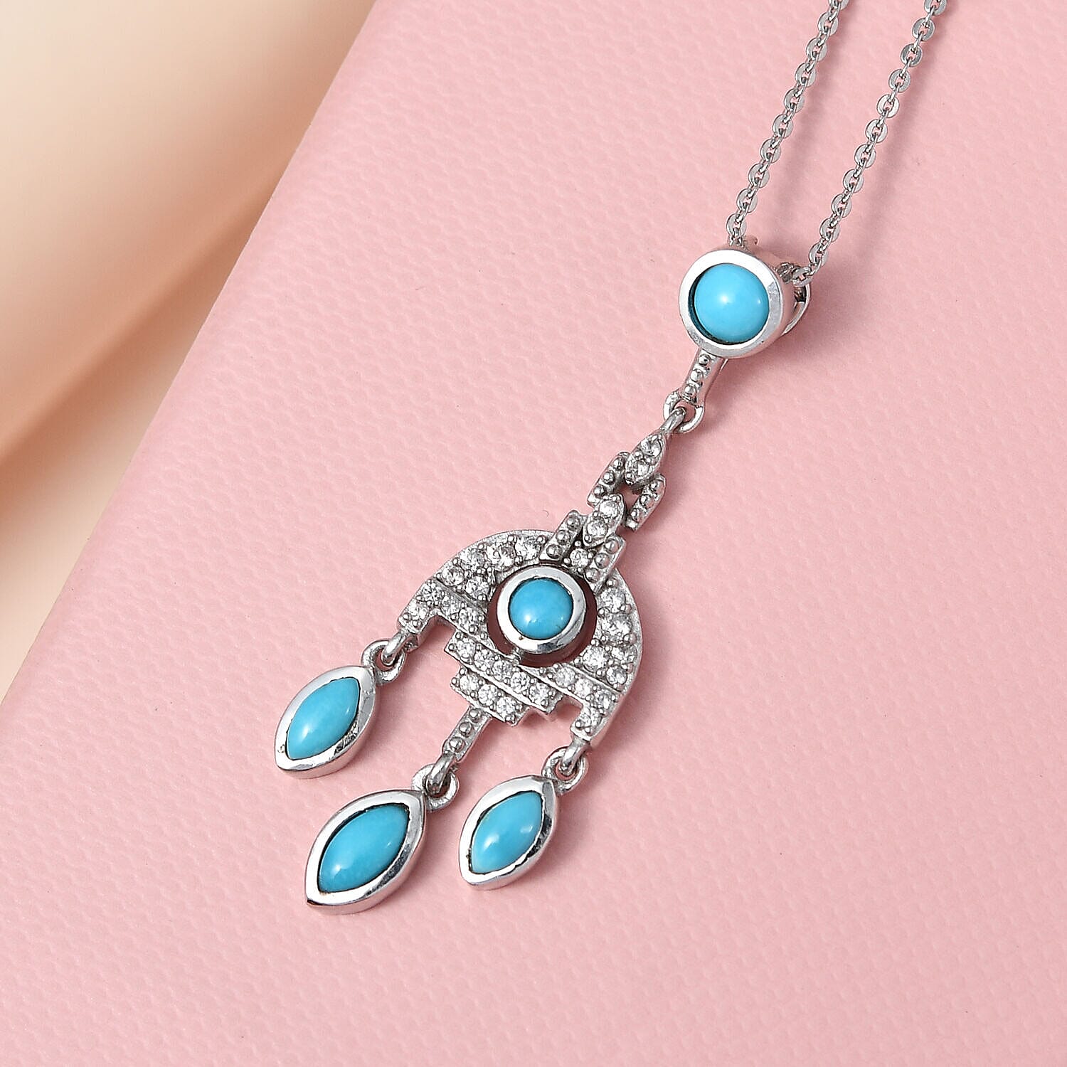 Arizona Sleeping Beauty Turquoise and Natural Zircon Dream Catcher Pendant with Chain (Size 20) in Platinum Overlay Sterling Silver 1.60 Ct, Silver Wt. 5.83 Gms