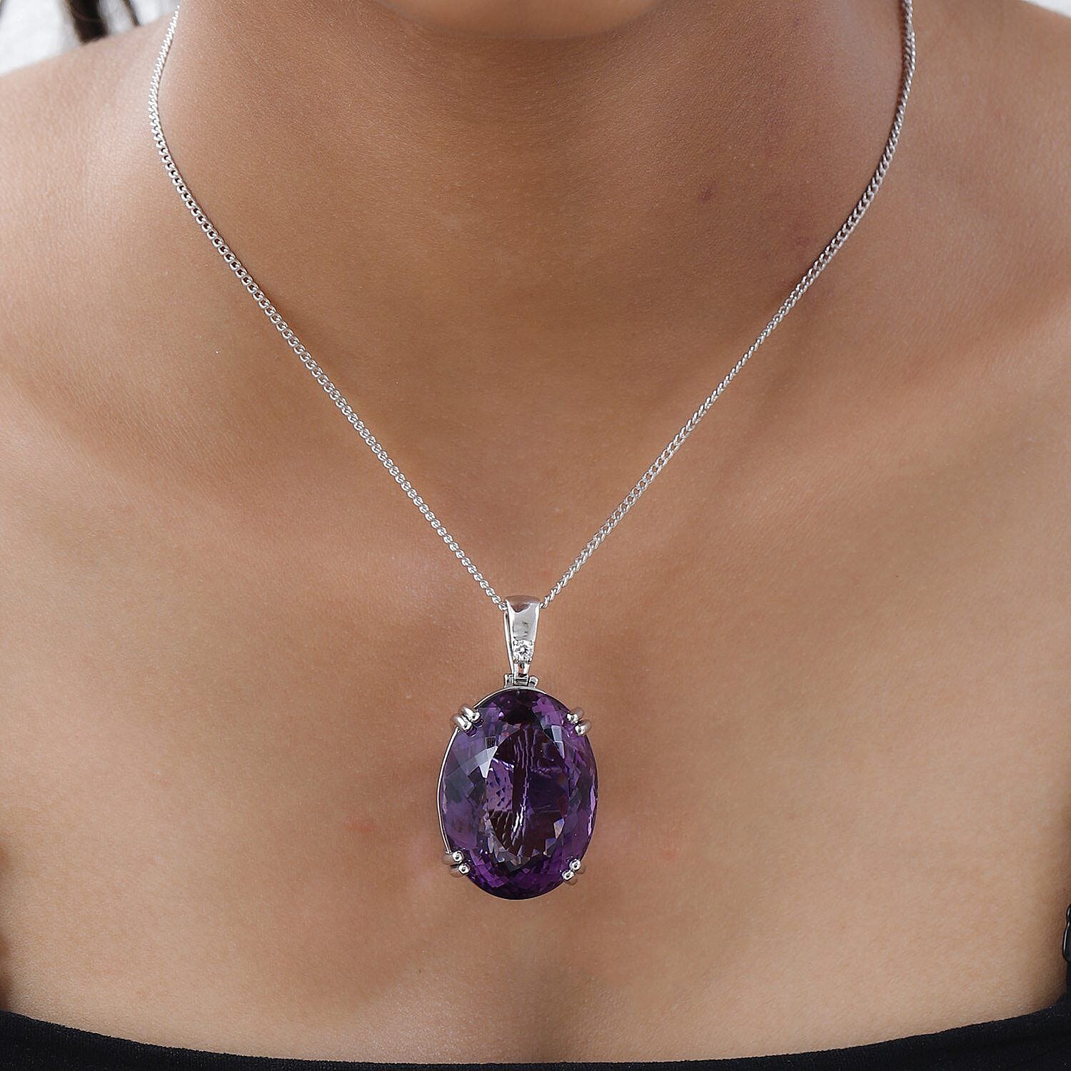 AAA Amethyst and Moissanite Pendant with Chain (Size 20) in Platinum Overlay Sterling Silver 100.5 Ct
