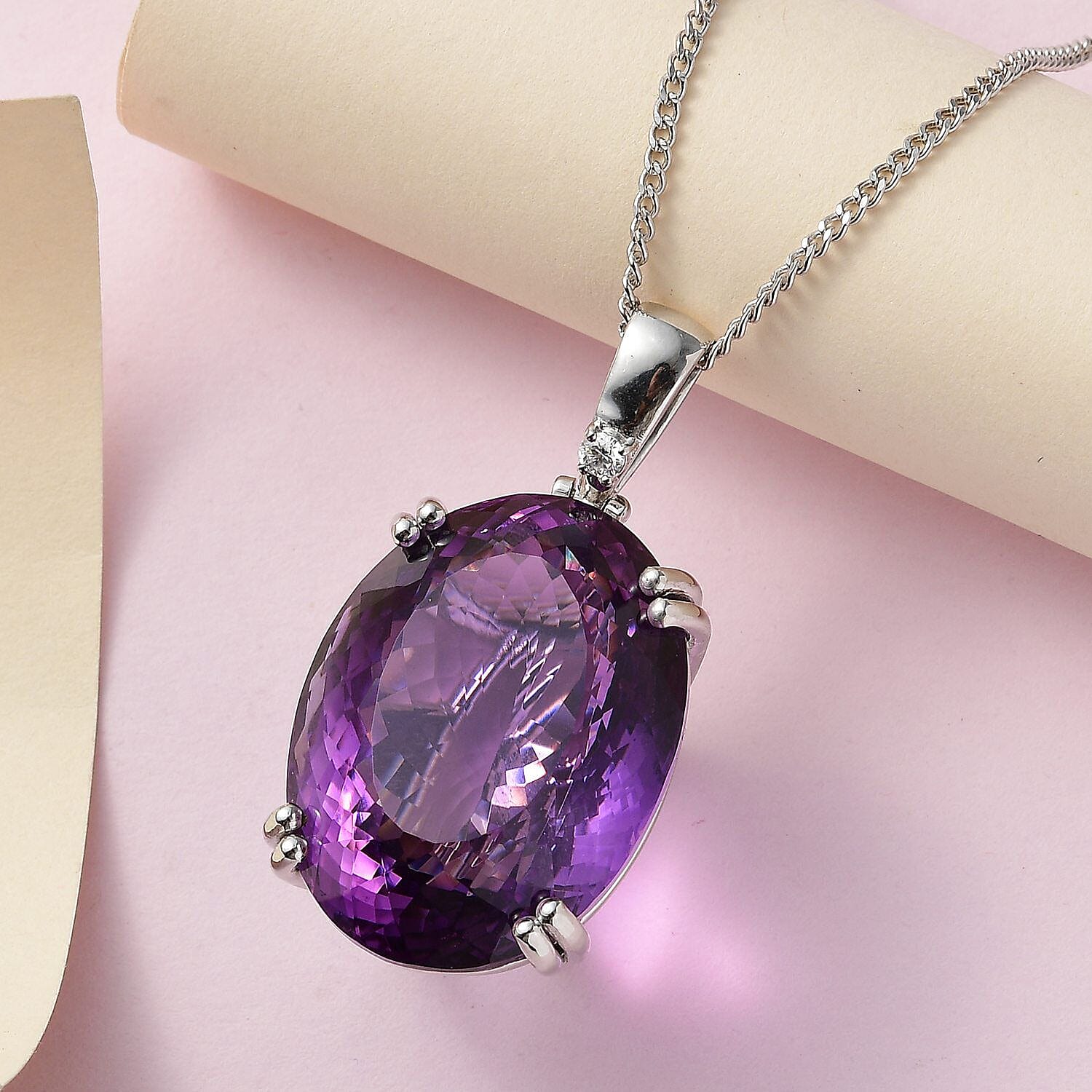 AAA Amethyst and Moissanite Pendant with Chain (Size 20) in Platinum Overlay Sterling Silver 100.5 Ct