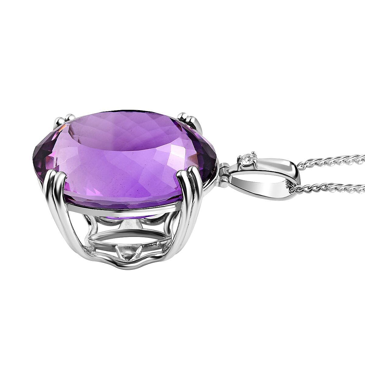 AAA Amethyst and Moissanite Pendant with Chain (Size 20) in Platinum Overlay Sterling Silver 100.5 Ct