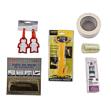 Travel Bundle - Emergency Hammer and Seatbelt Cutter, Duct Tape, 2 X Luggage Tags, Selfie Stick, Plastic Bag Sealer, 6 X Clear tape
