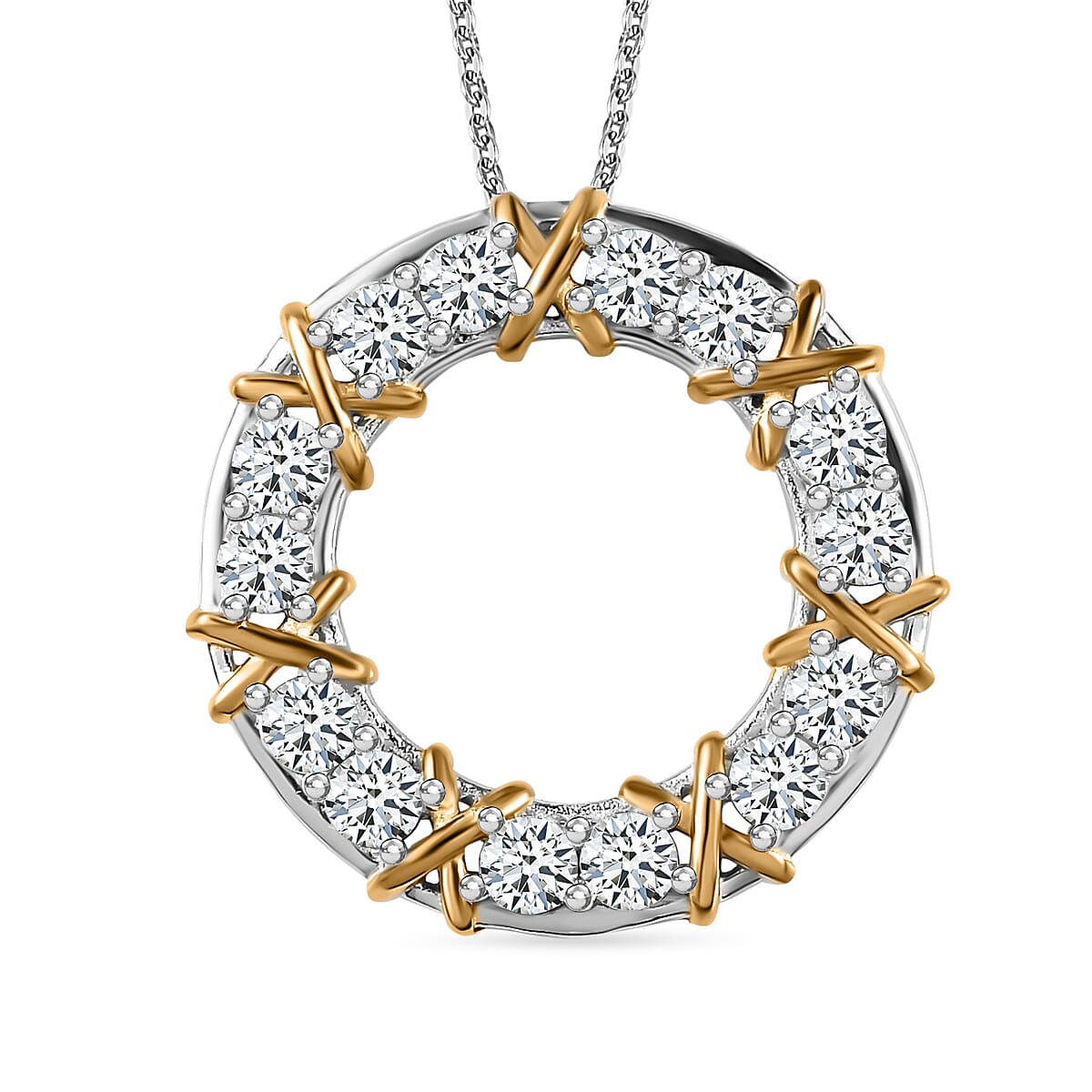 D'Joy Moissanite Circle Pendant with Chain (Size 20) in 18K Yellow Gold & Platinum Plated Sterling Silver 1.40 Ct, Silver Wt. 5.74 Gms.