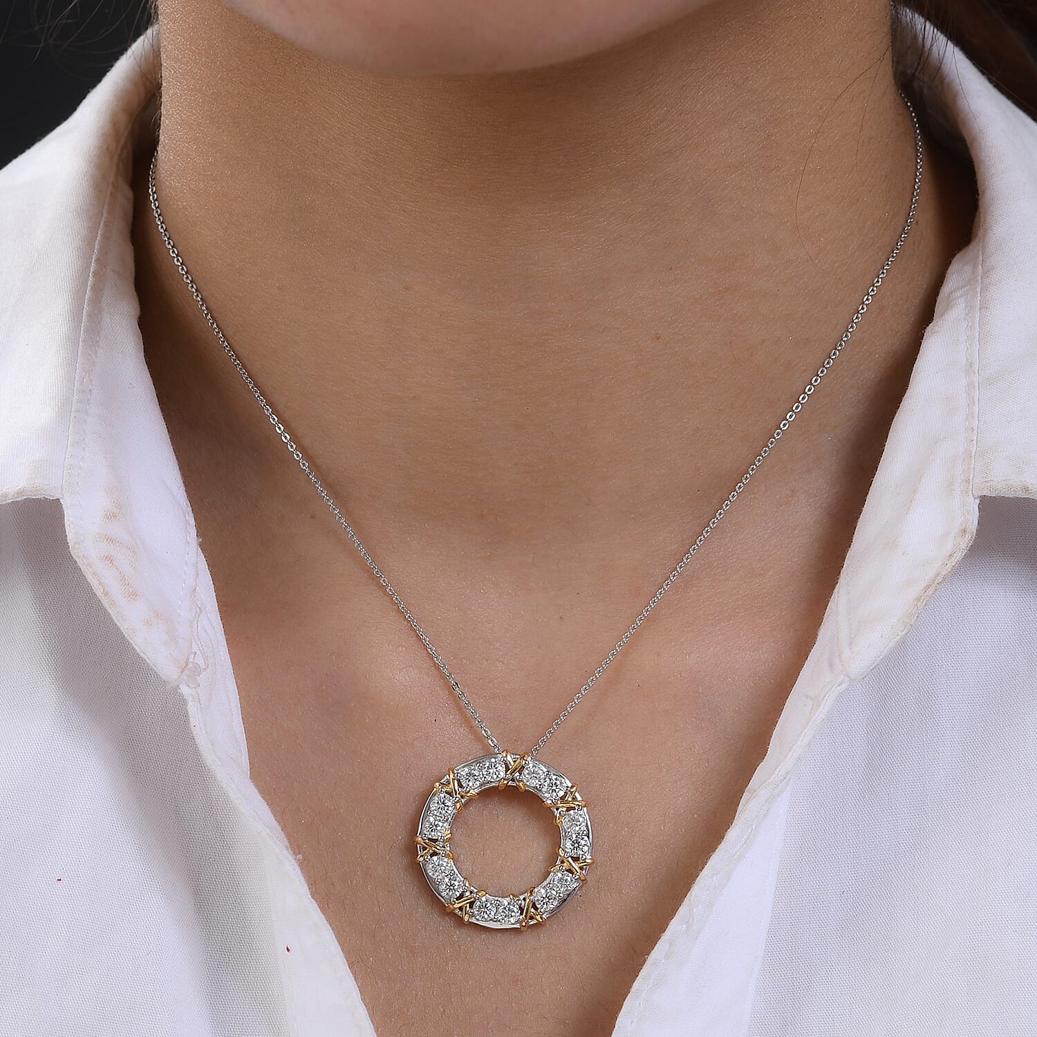 D'Joy Moissanite Circle Pendant with Chain (Size 20) in 18K Yellow Gold & Platinum Plated Sterling Silver 1.40 Ct, Silver Wt. 5.74 Gms.