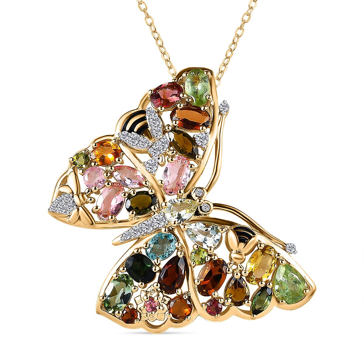 GP Italian Garden Collection - Multi Gemstone Butterfly Pendant with Chain  (Size 20) in Platinum Overlay and 18K Yellow Gold Vermeil Plated Sterling 