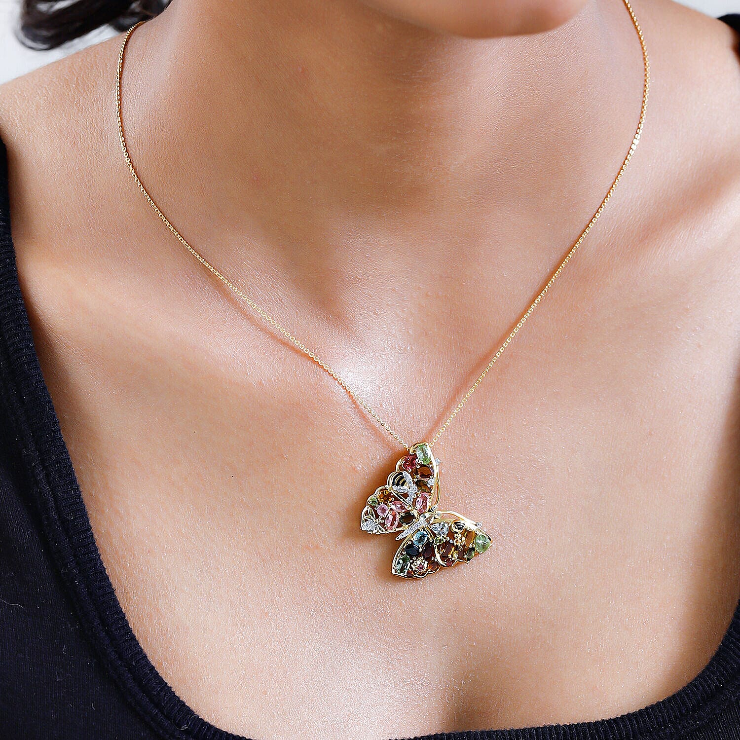 GP Italian Garden Collection - Multi Gemstone Butterfly Pendant with Chain (Size 20) in Platinum Overlay and 18K Yellow Gold Vermeil Plated Sterling Silver 4.75 Ct, Silver Wt. 6.72 Gms