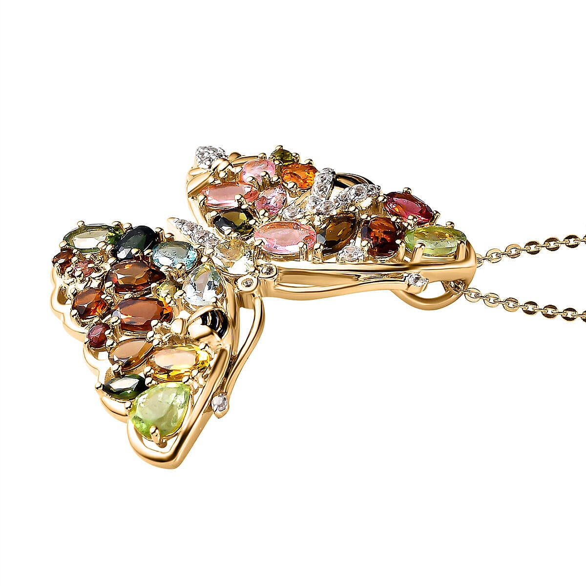 GP Italian Garden Collection - Multi Gemstone Butterfly Pendant with Chain (Size 20) in Platinum Overlay and 18K Yellow Gold Vermeil Plated Sterling Silver 4.75 Ct, Silver Wt. 6.72 Gms