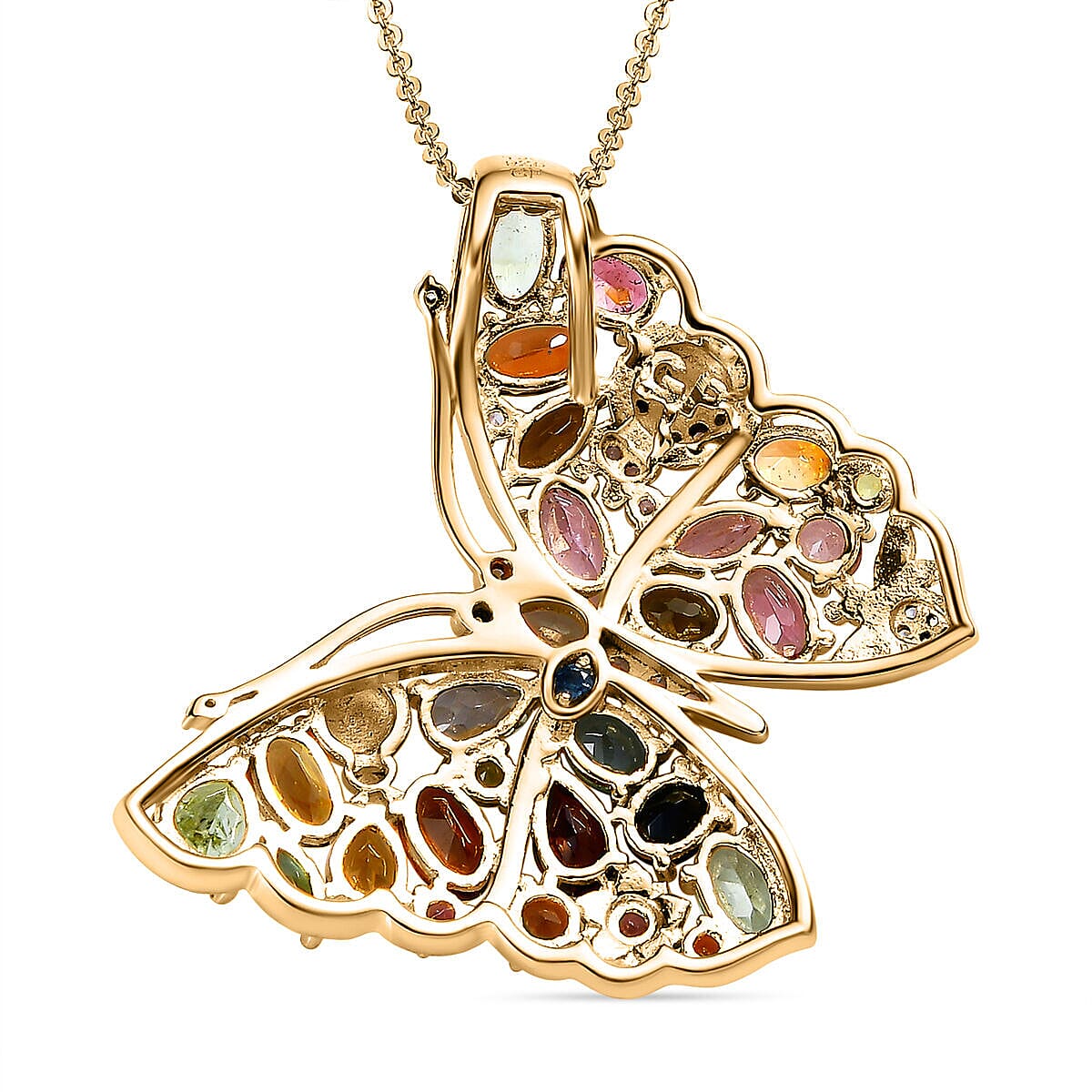 GP Italian Garden Collection - Multi Gemstone Butterfly Pendant with Chain (Size 20) in Platinum Overlay and 18K Yellow Gold Vermeil Plated Sterling Silver 4.75 Ct, Silver Wt. 6.72 Gms