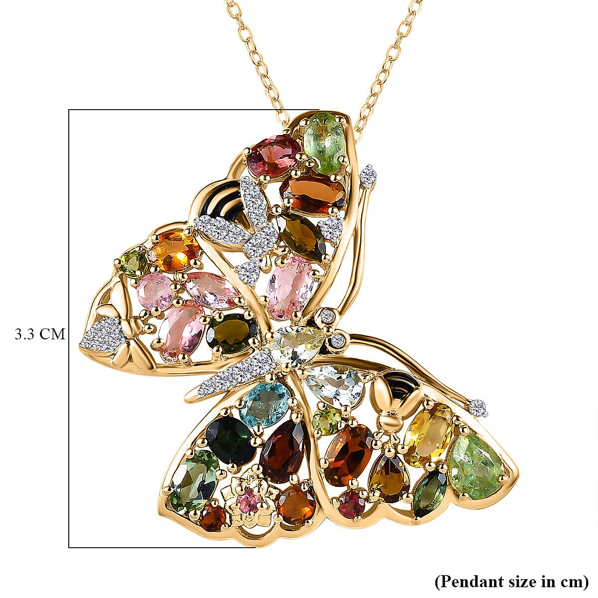 GP Italian Garden Collection - Multi Gemstone Butterfly Pendant with Chain (Size 20) in Platinum Overlay and 18K Yellow Gold Vermeil Plated Sterling Silver 4.75 Ct, Silver Wt. 6.72 Gms