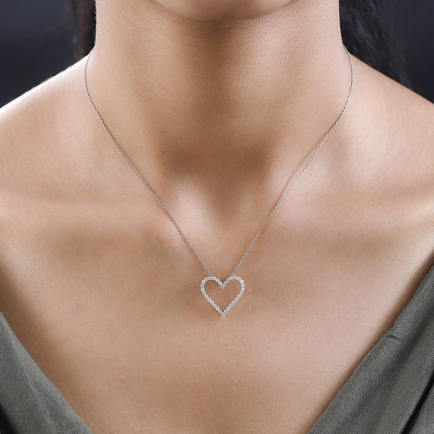 9K White Gold & Diamond Heart Pendant with Chain (Size 20) in Rhodium Overlay 0.50 Ct.