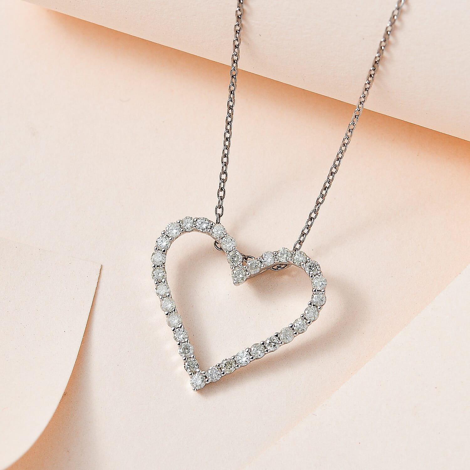 9K White Gold & Diamond Heart Pendant with Chain (Size 20) in Rhodium Overlay 0.50 Ct.