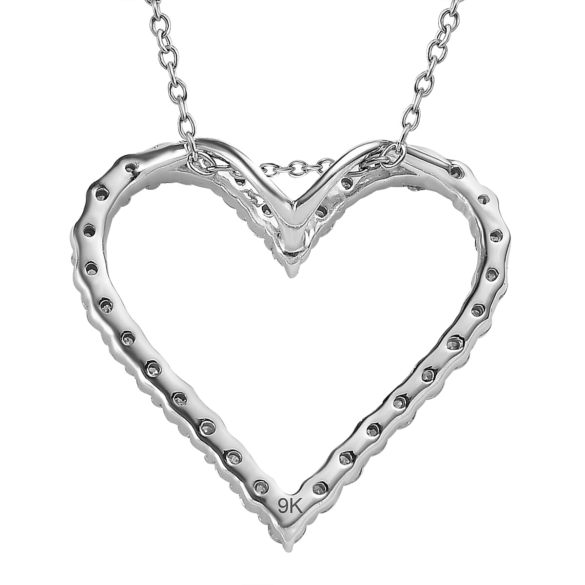 9K White Gold & Diamond Heart Pendant with Chain (Size 20) in Rhodium Overlay 0.50 Ct.
