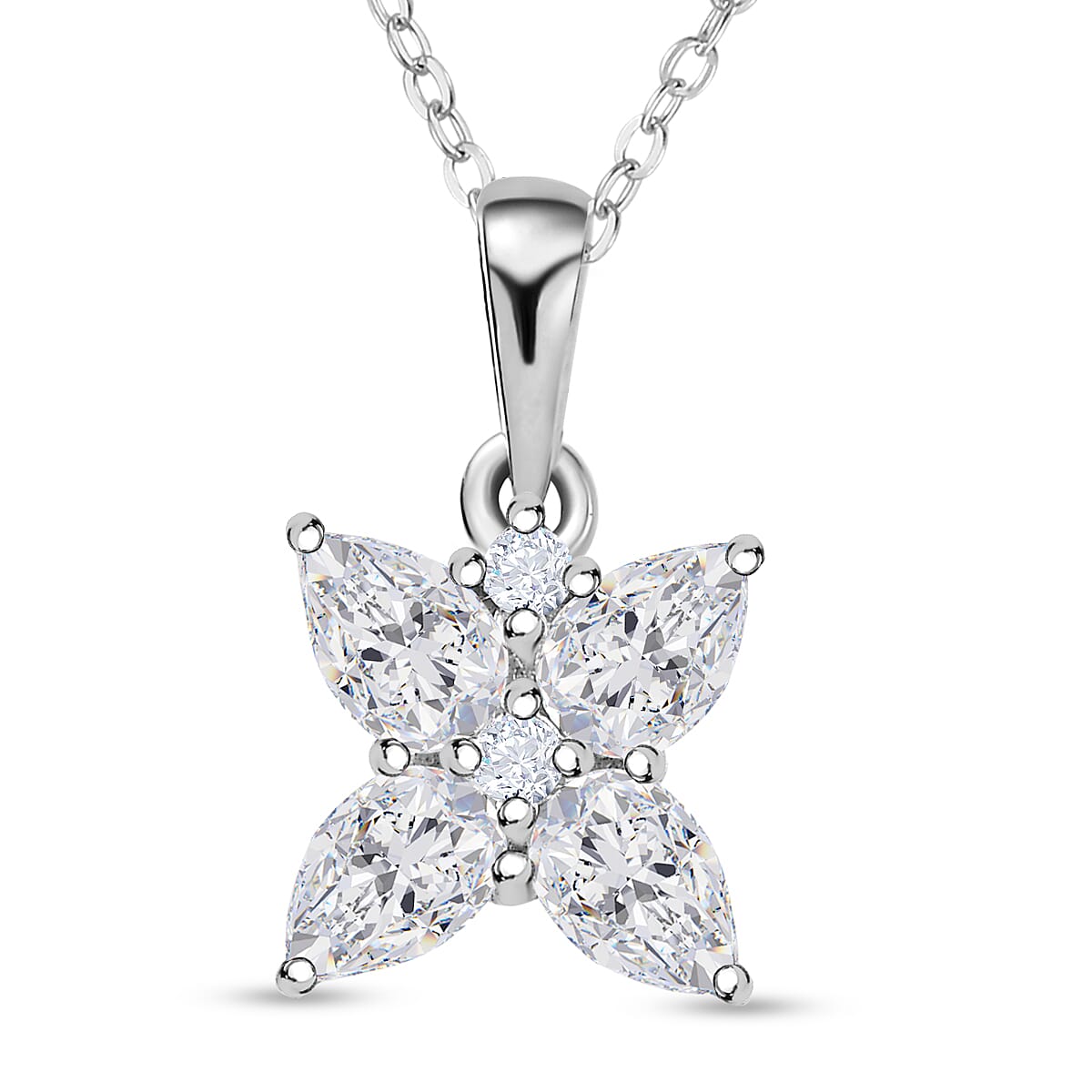 Moissanite Floral Pendant with Chain (Size 20) in Platinum Overlay Sterling Silver