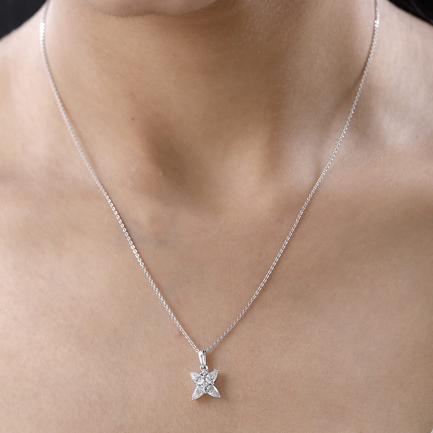 Moissanite Floral Pendant with Chain (Size 20) in Platinum Overlay Sterling Silver