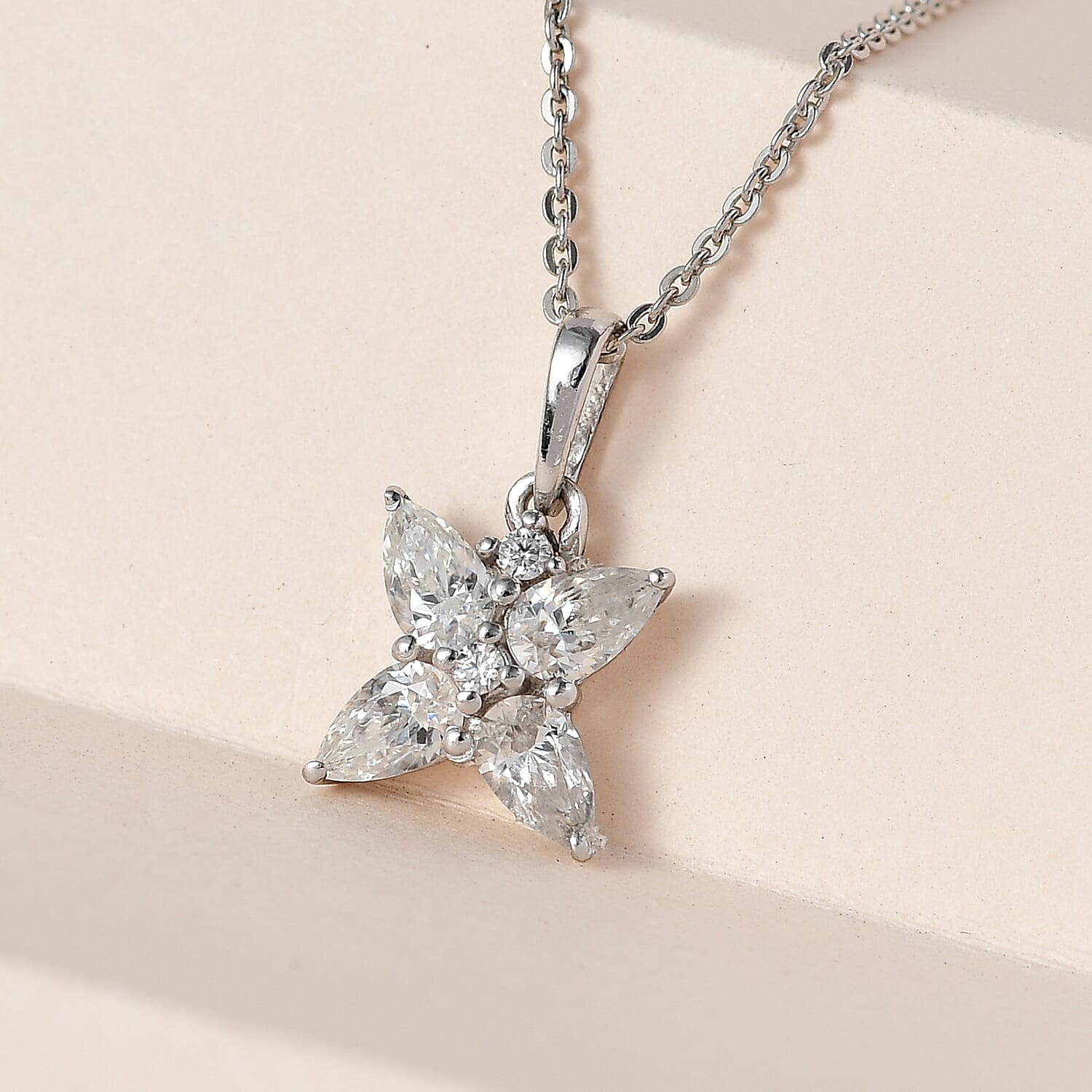 Moissanite Floral Pendant with Chain (Size 20) in Platinum Overlay Sterling Silver