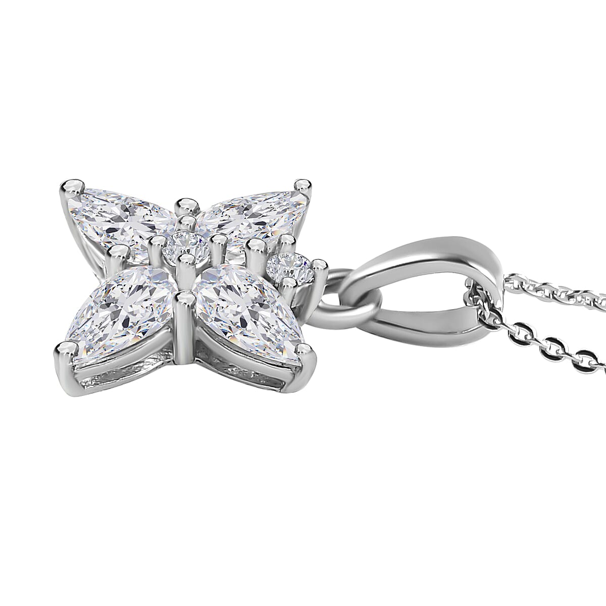 Moissanite Floral Pendant with Chain (Size 20) in Platinum Overlay Sterling Silver