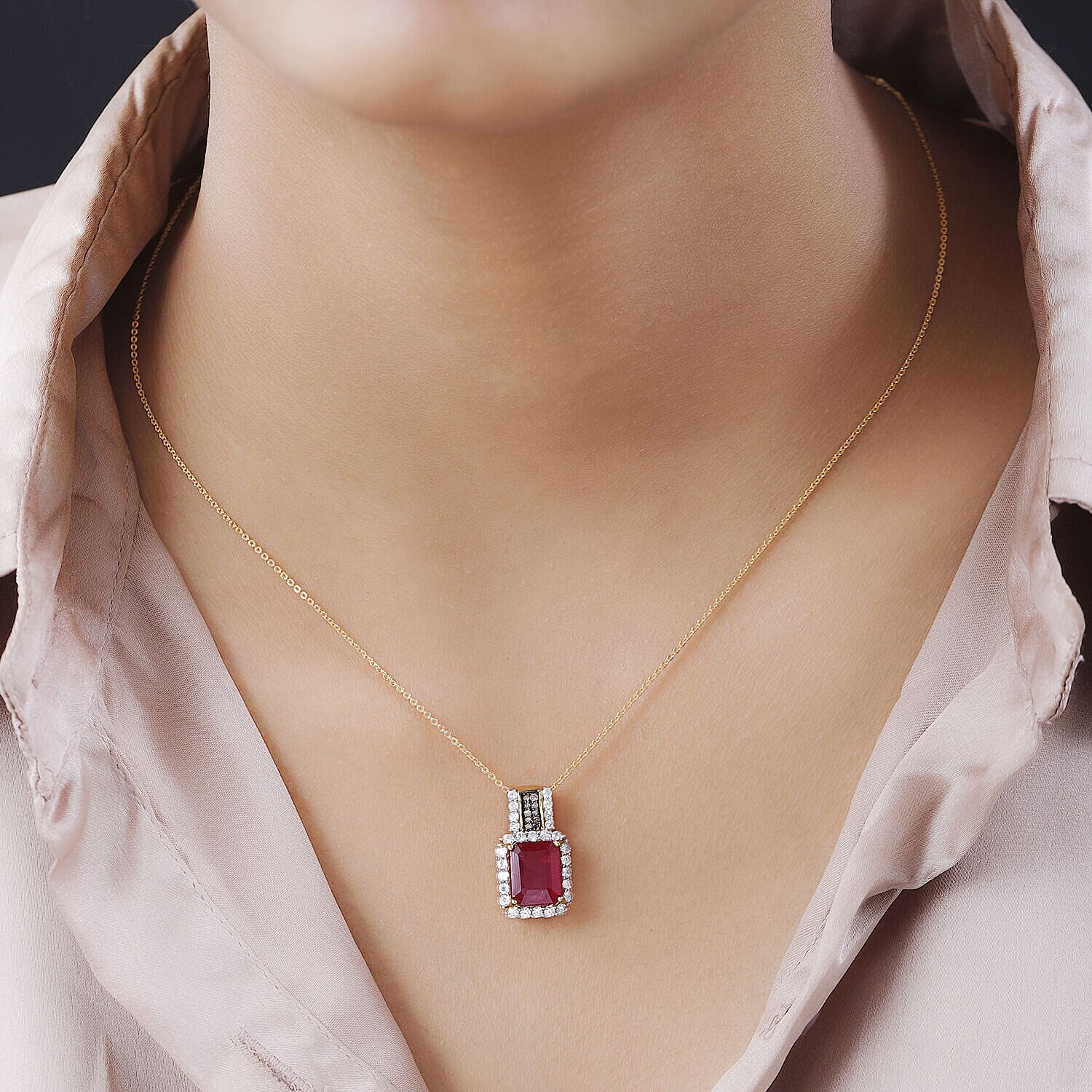 African Ruby, Champagne Diamond & Natural Zircon Halo Pendant with Chain (Size 20) in 18K Yellow Gold Vermeil Plated Sterling Silver 6.00 Ct