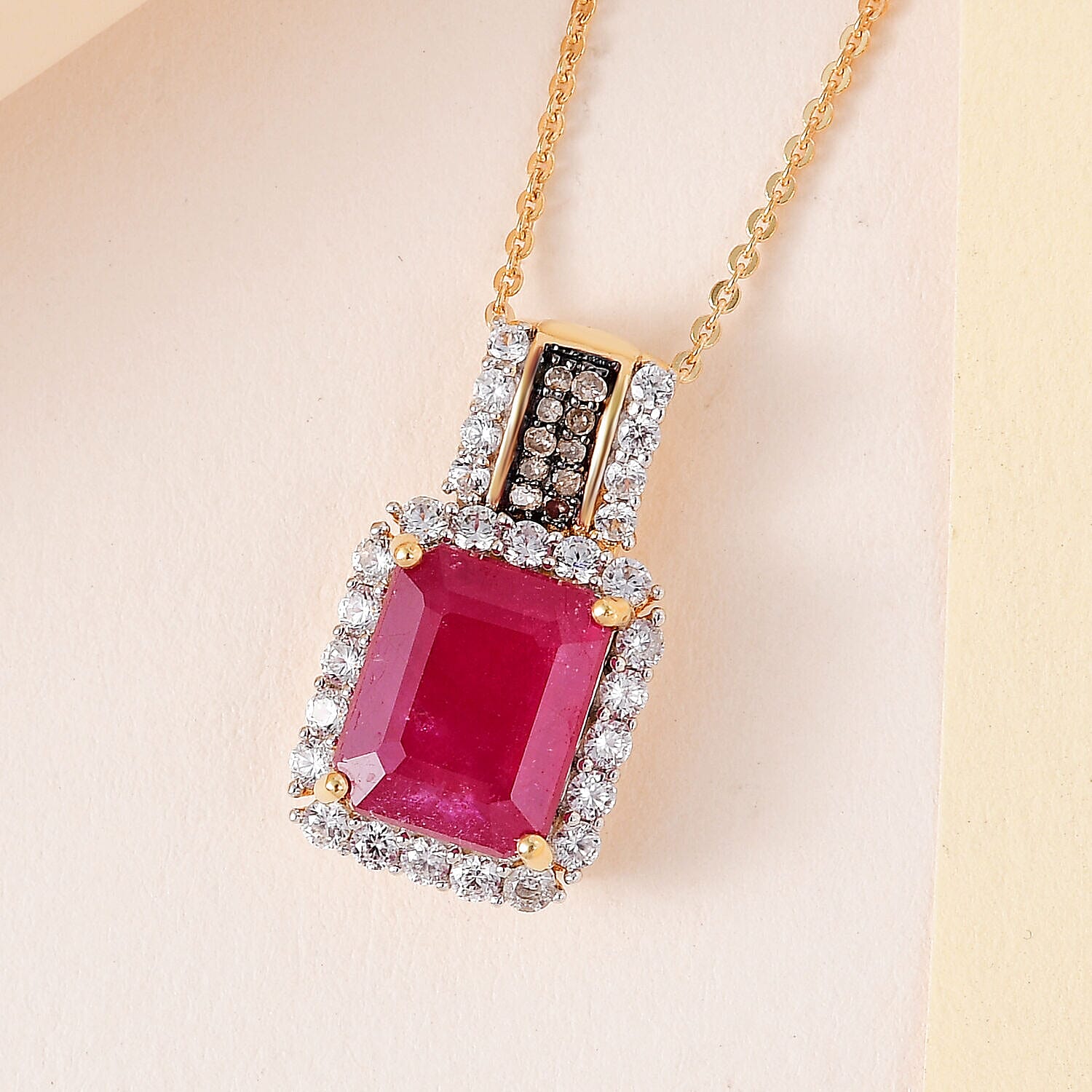 African Ruby, Champagne Diamond & Natural Zircon Halo Pendant with Chain (Size 20) in 18K Yellow Gold Vermeil Plated Sterling Silver 6.00 Ct