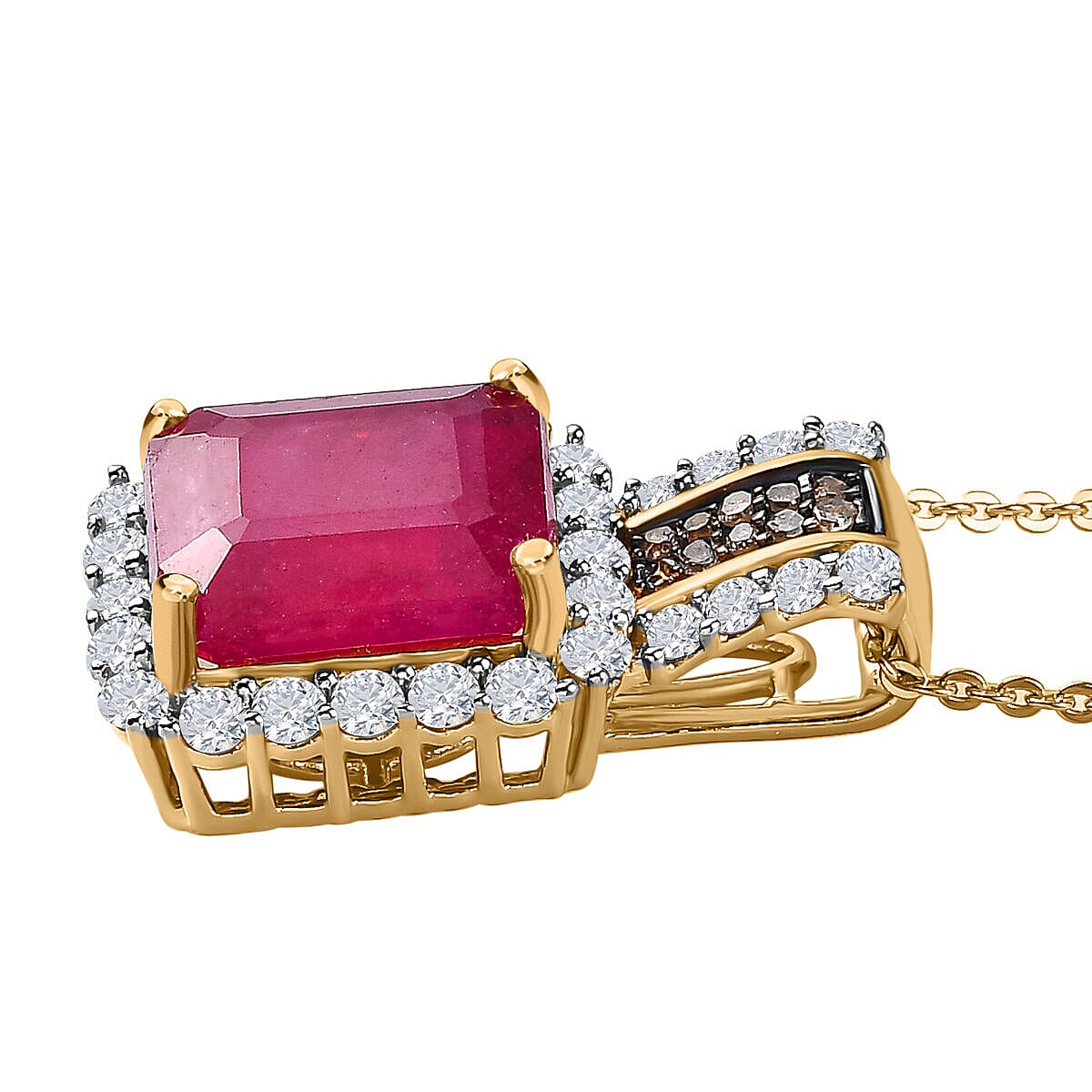African Ruby, Champagne Diamond & Natural Zircon Halo Pendant with Chain (Size 20) in 18K Yellow Gold Vermeil Plated Sterling Silver 6.00 Ct