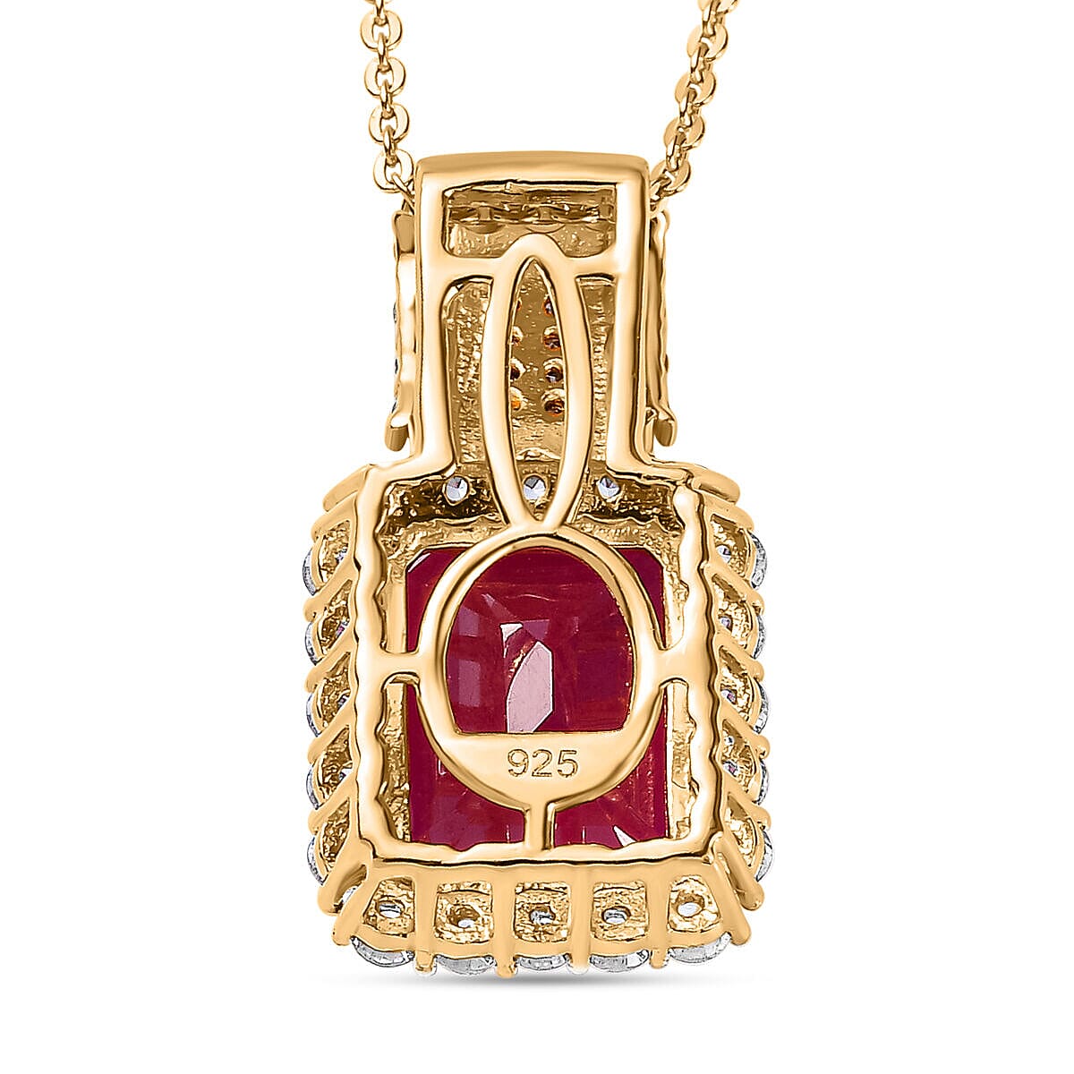 African Ruby, Champagne Diamond & Natural Zircon Halo Pendant with Chain (Size 20) in 18K Yellow Gold Vermeil Plated Sterling Silver 6.00 Ct