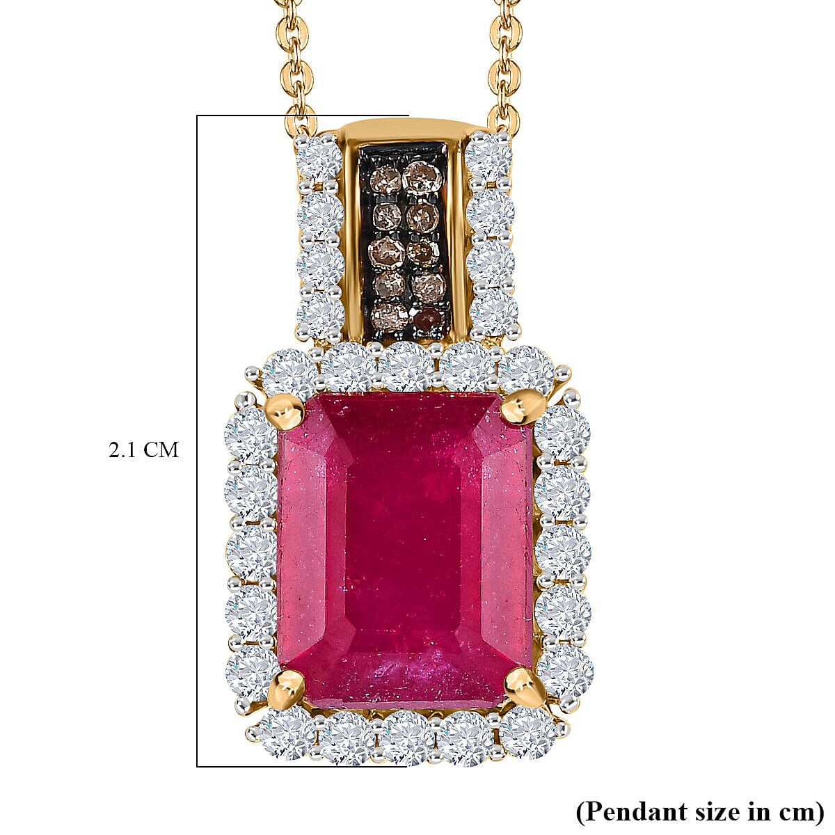 African Ruby, Champagne Diamond & Natural Zircon Halo Pendant with Chain (Size 20) in 18K Yellow Gold Vermeil Plated Sterling Silver 6.00 Ct