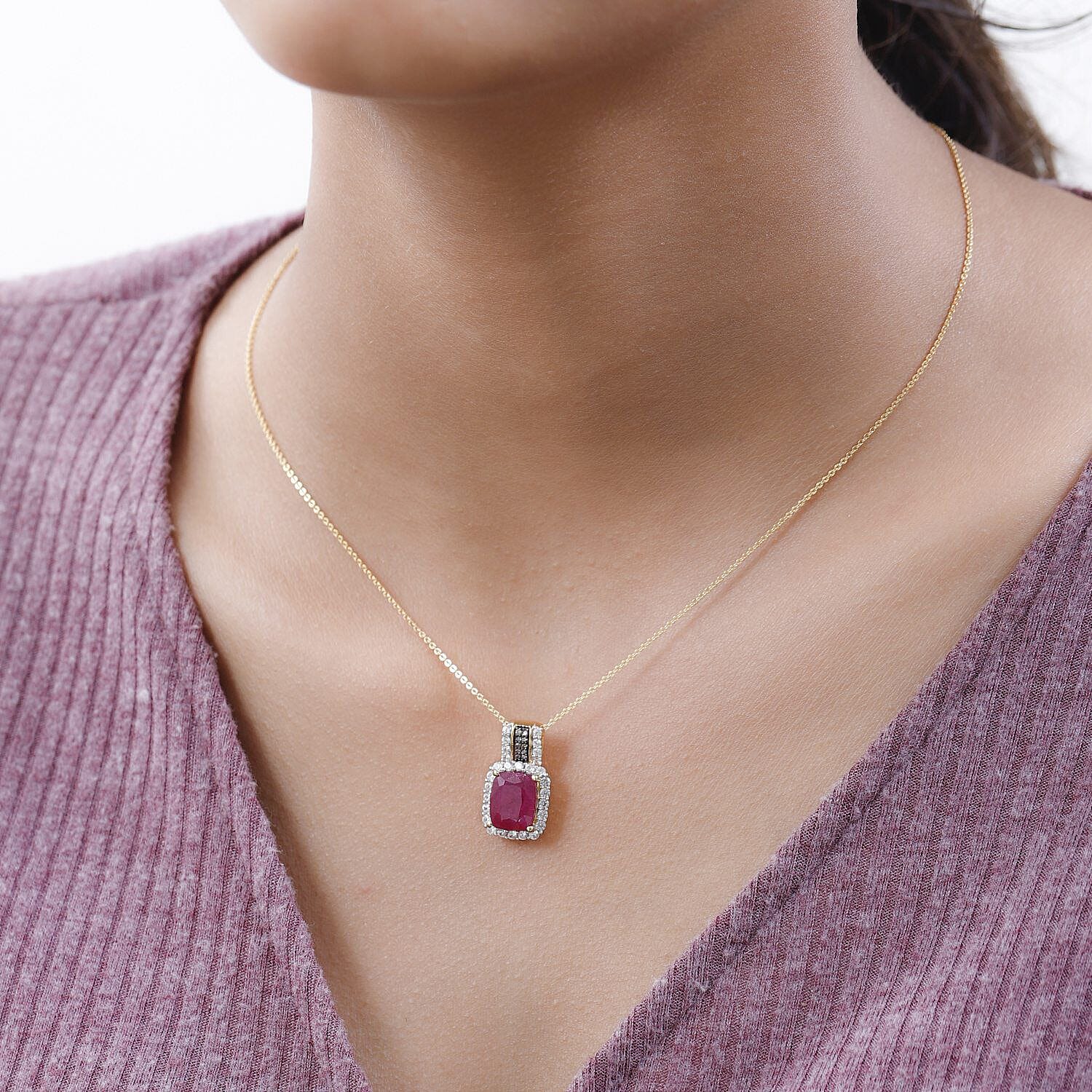 African Ruby, Natural Zircon and Champagne Diamond Pendant with Chain (Size 20) in 18K Yellow Gold Vermeil Plated Sterling Silver 6.92 Ct