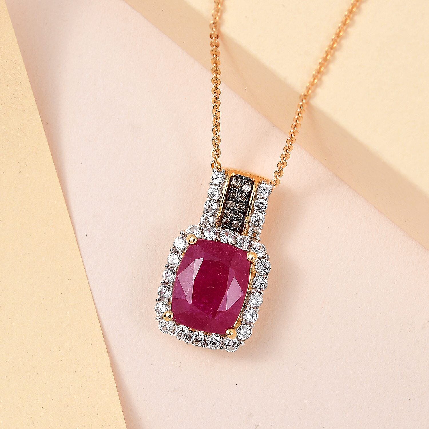African Ruby, Natural Zircon and Champagne Diamond Pendant with Chain (Size 20) in 18K Yellow Gold Vermeil Plated Sterling Silver 6.92 Ct