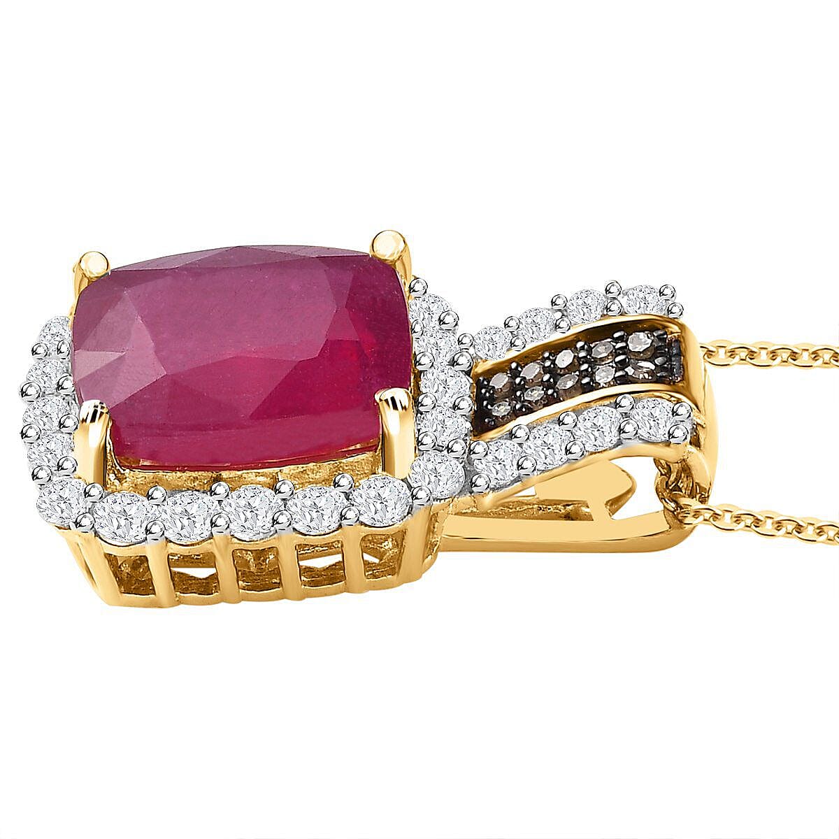 African Ruby, Natural Zircon and Champagne Diamond Pendant with Chain (Size 20) in 18K Yellow Gold Vermeil Plated Sterling Silver 6.92 Ct