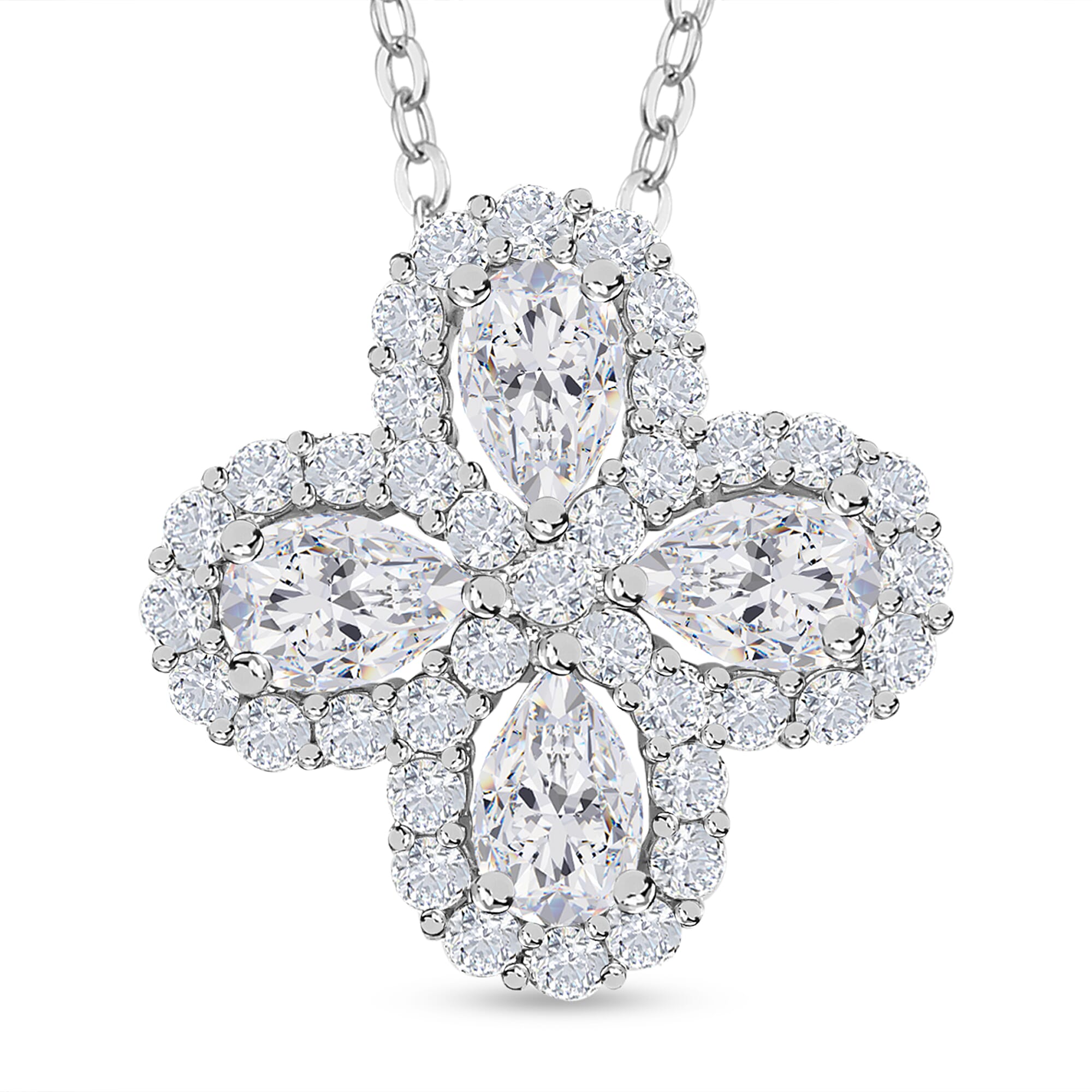 Moissanite Clover Pendant with Chain (Size-20) in Platinum Overlay Sterling Silver 1.43 Ct.